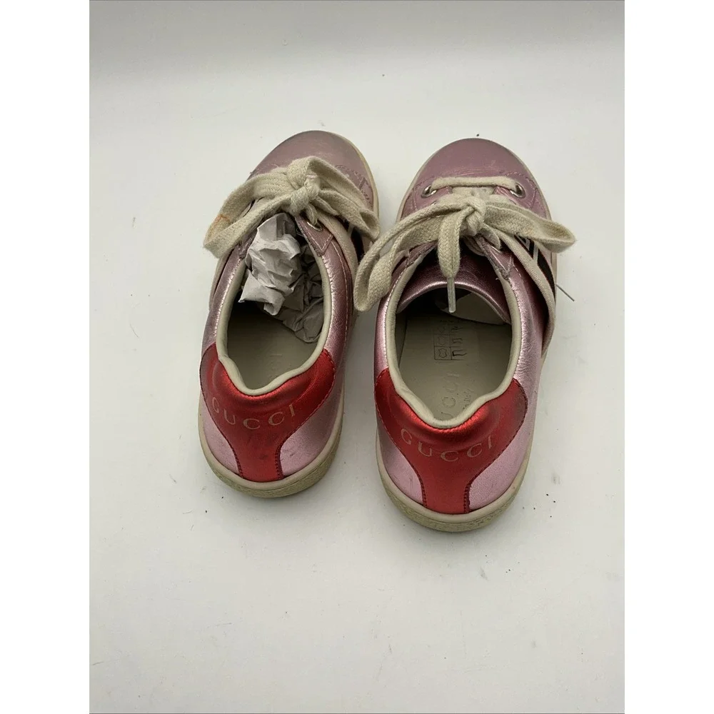 Gucci Ace Kids Pink Metallic Leather Sneakers Web Stripe EU 28 Italy